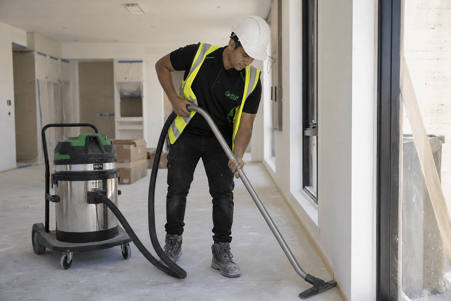 JKLM cleaner vacuuming construction dust in a newly renovated interior