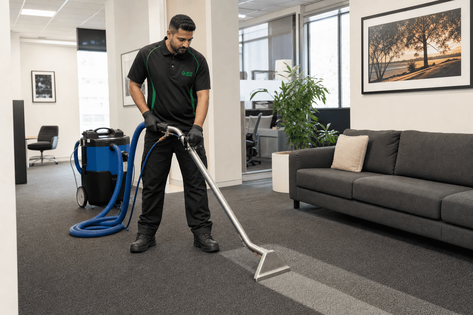 JKLM cleaner operating a professional carpet extraction machine