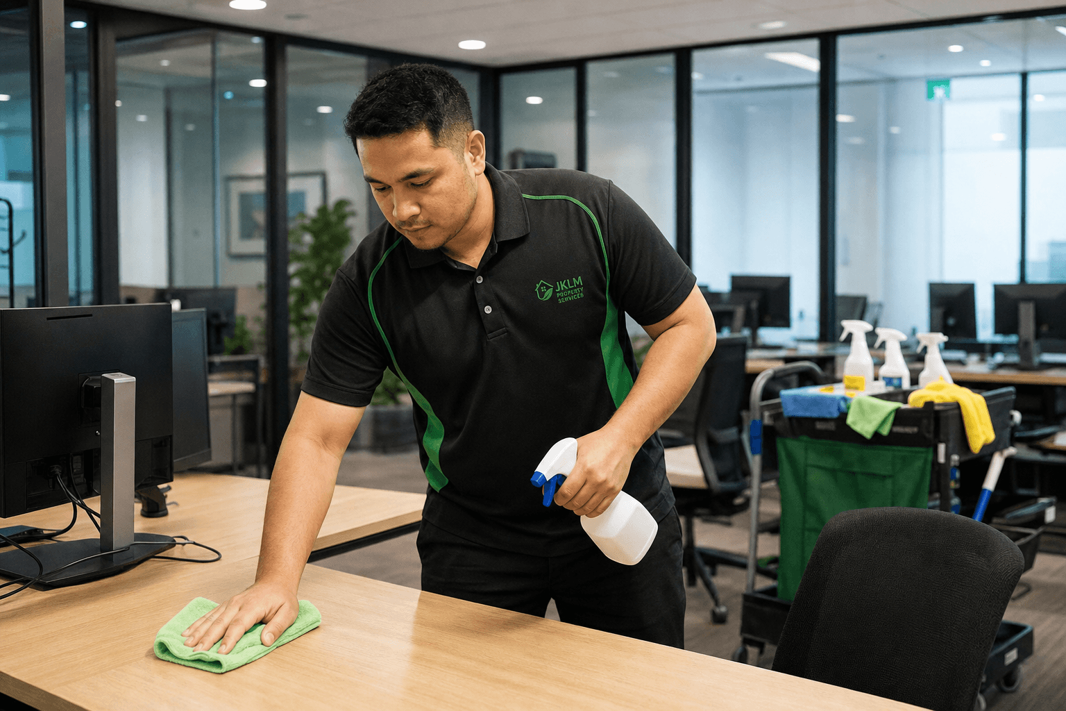 JKLM cleaner wiping a desk in a modern office