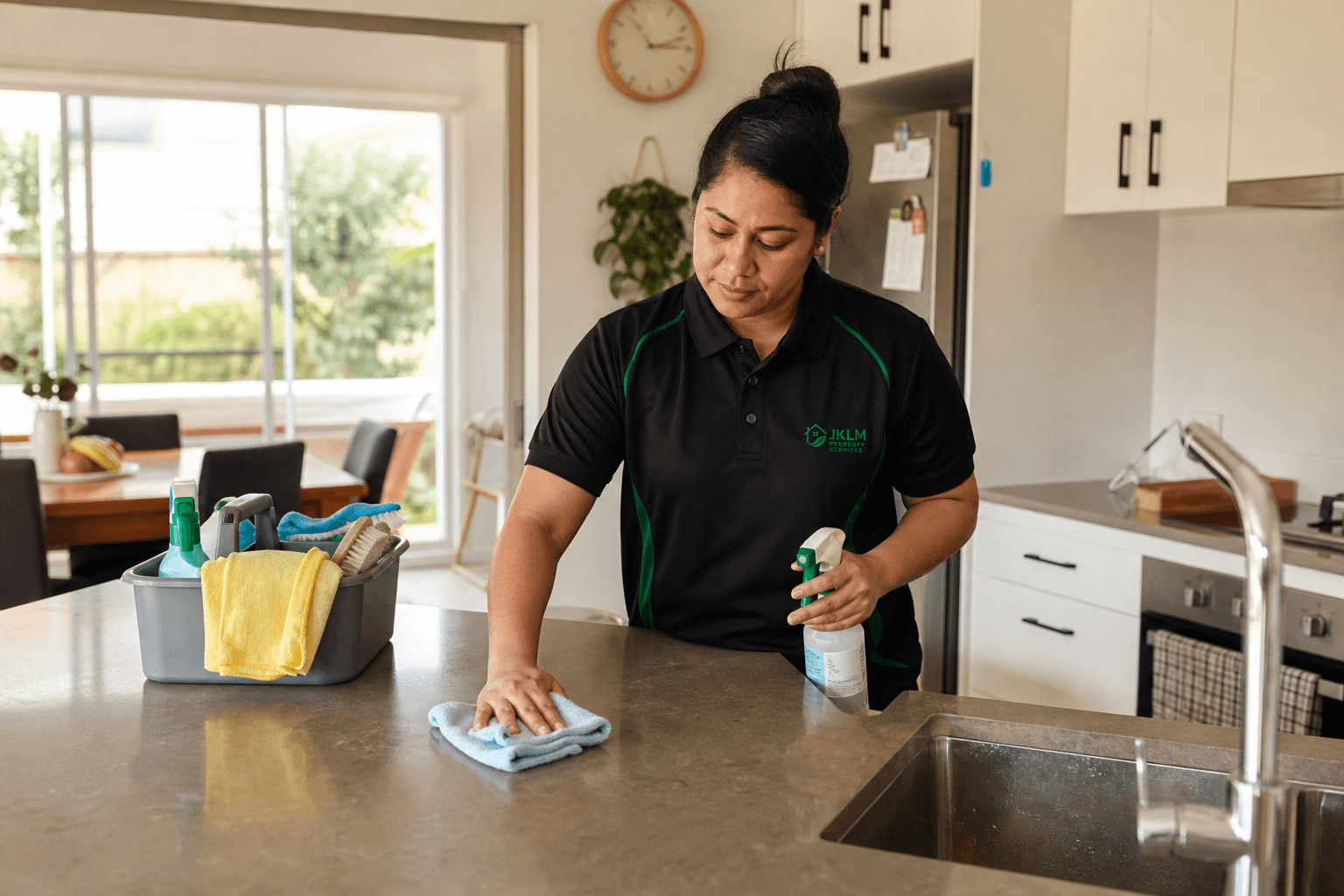 JKLM cleaner wiping a benchtop in an Australian home