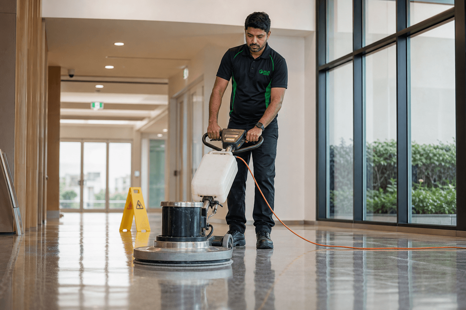 JKLM cleaner polishing a commercial floor with a rotary machine