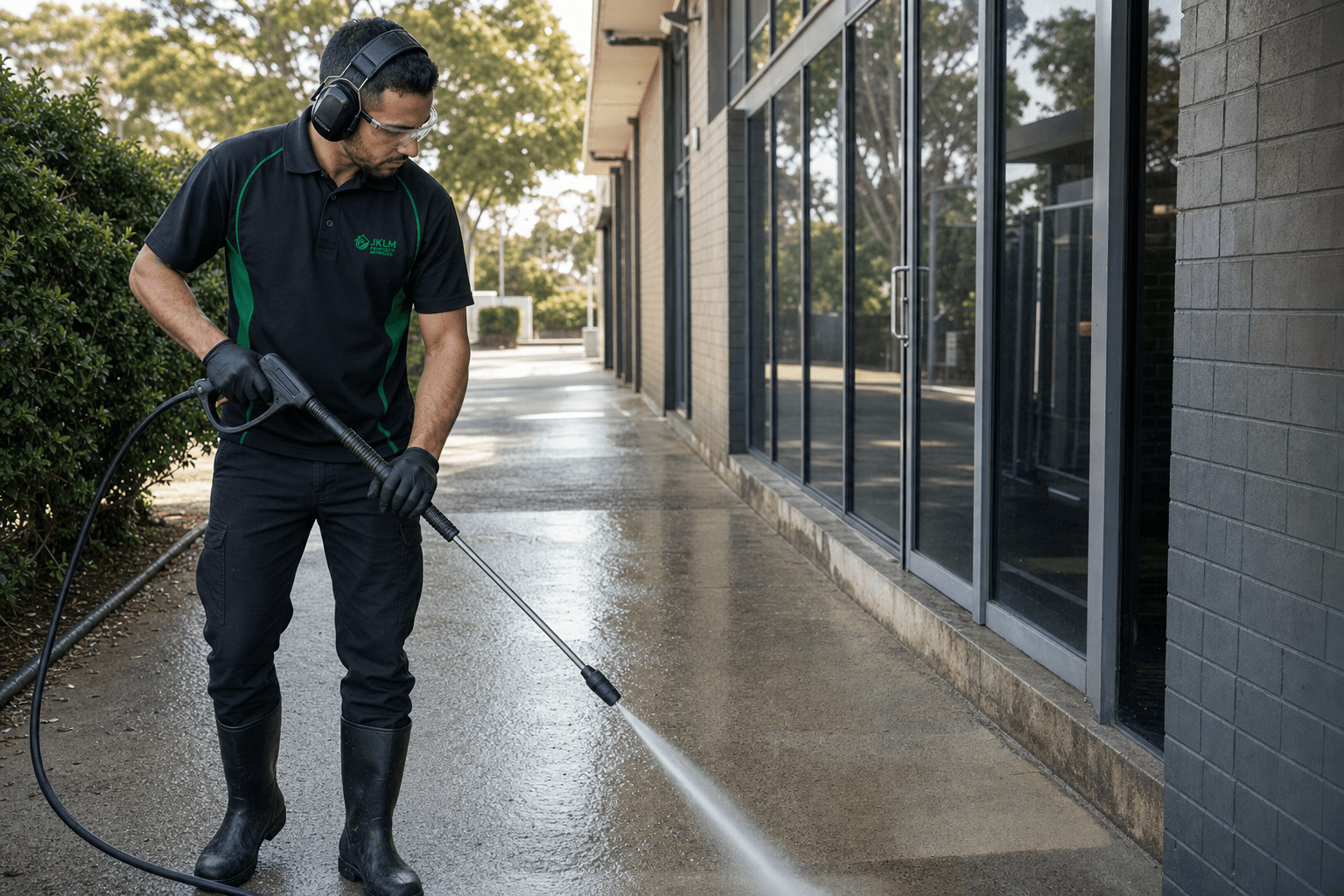 JKLM cleaner pressure washing a commercial concrete walkway