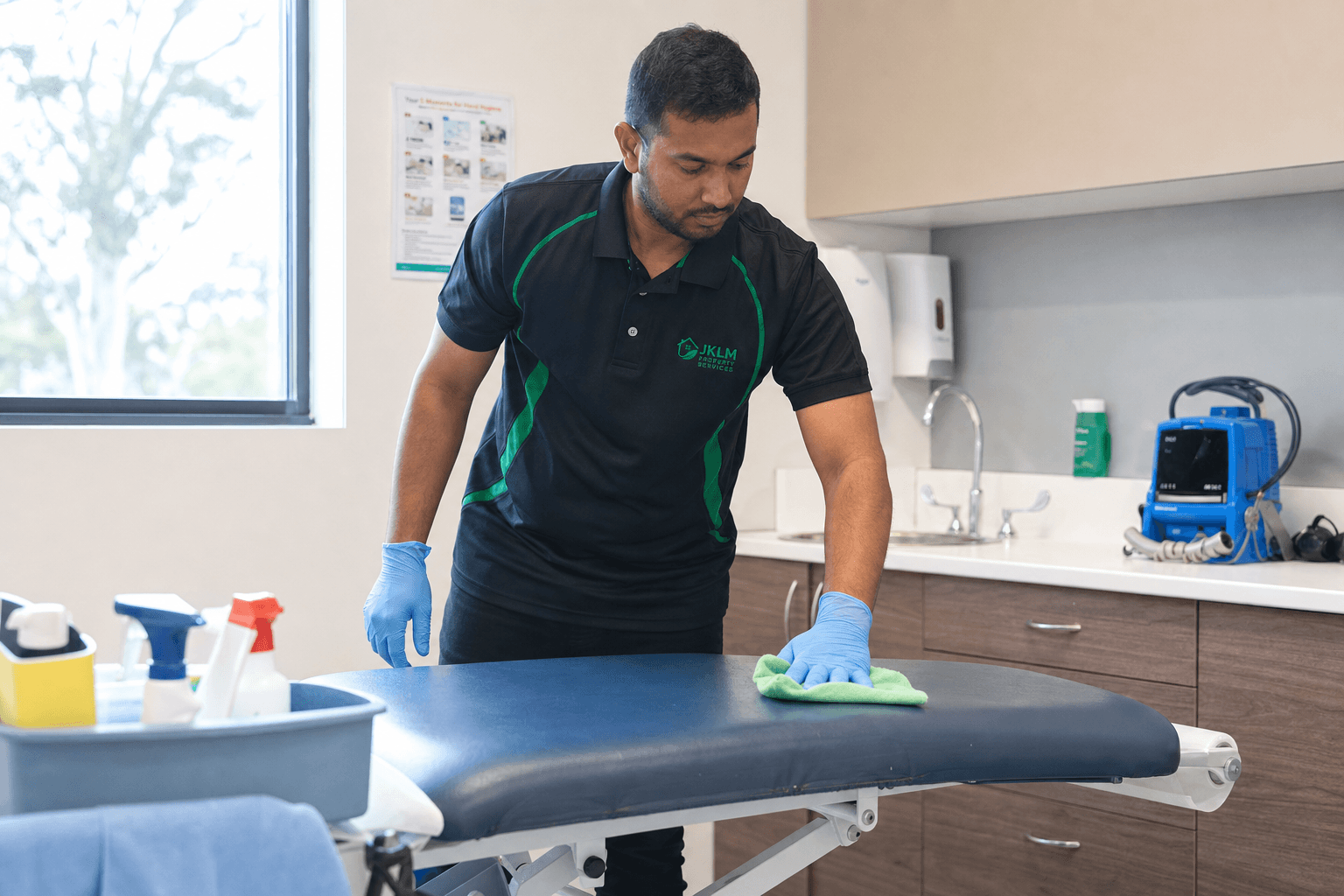Gloved JKLM cleaner disinfecting a medical examination room