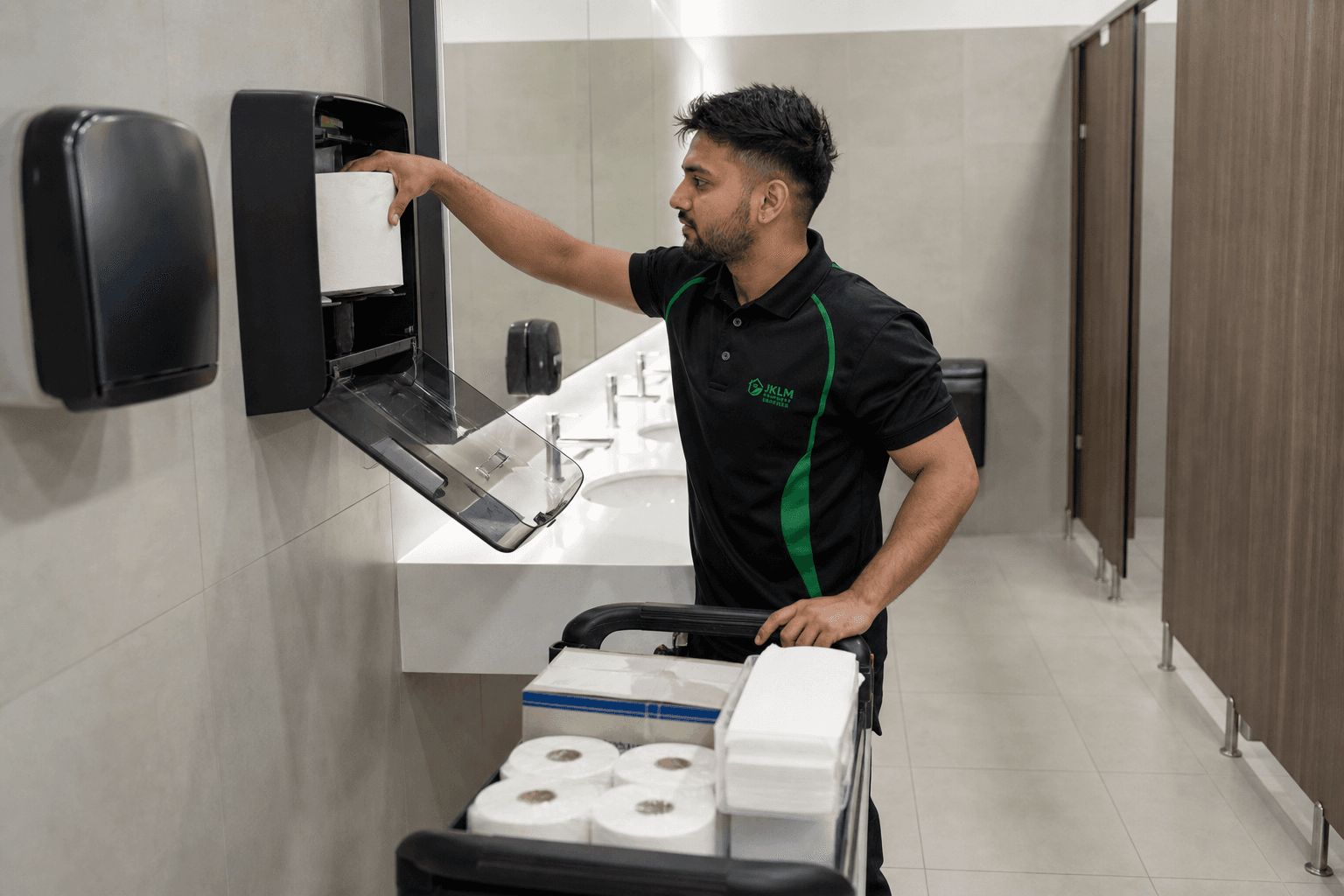 JKLM staff member restocking a commercial washroom dispenser